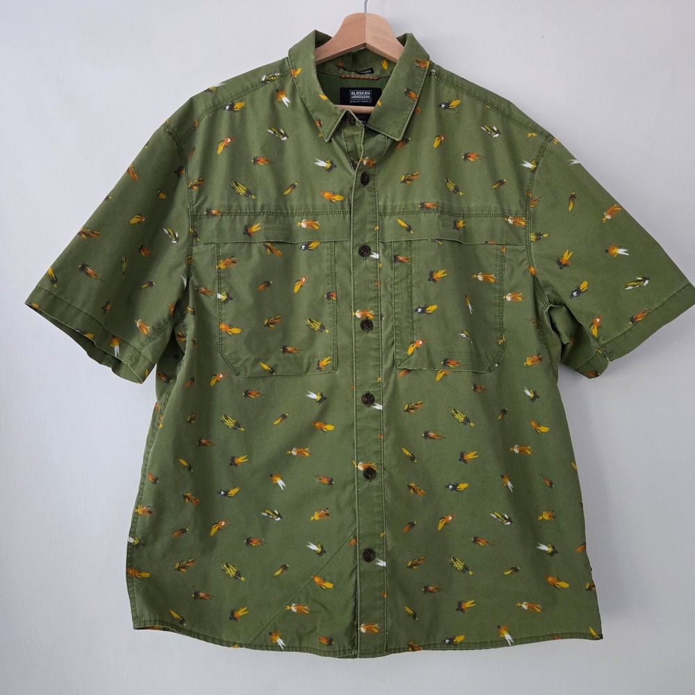 Alaskan Hardgear Shirt Green Fly Fishing Print Relaxed Fit Mens Large